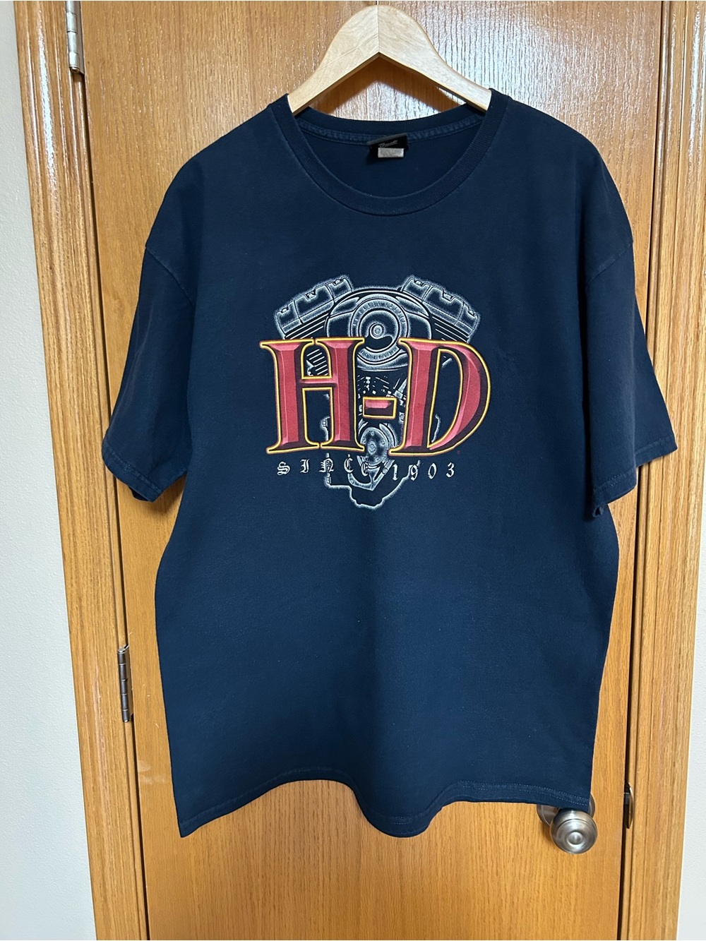 Harley-Davidson Navy Tee with Red and Gold H-D Emblem